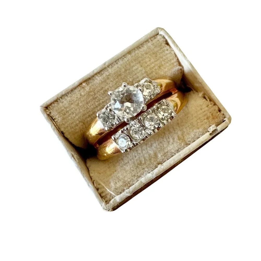 Vintage Cubic Zirconia Engagement Wedding Ring Double Band 18kt Gold Plated Sz 9